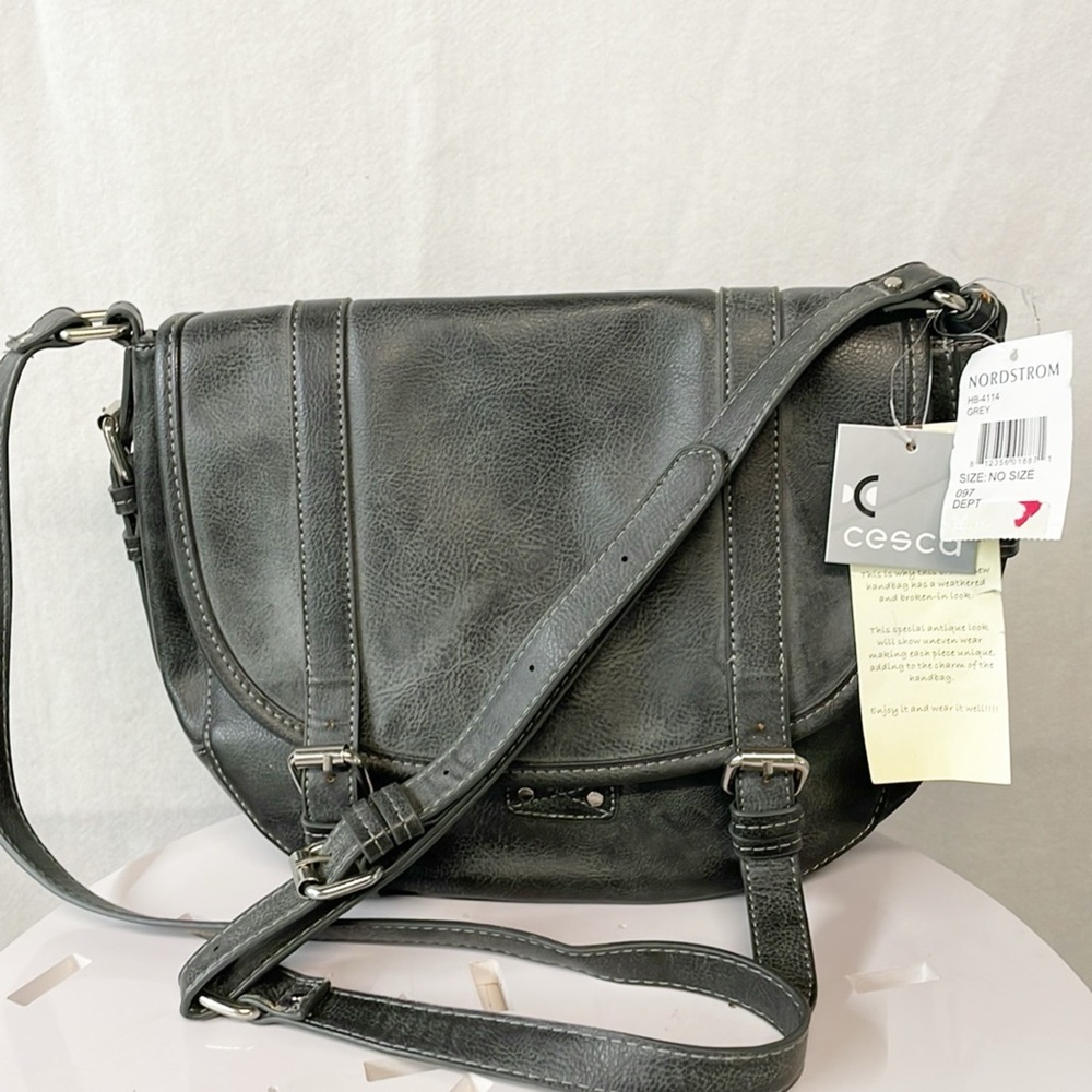 NEW Cesca Chic Steel Blue Gray Faux Leather‎ Crossbody Saddle Bag NWT